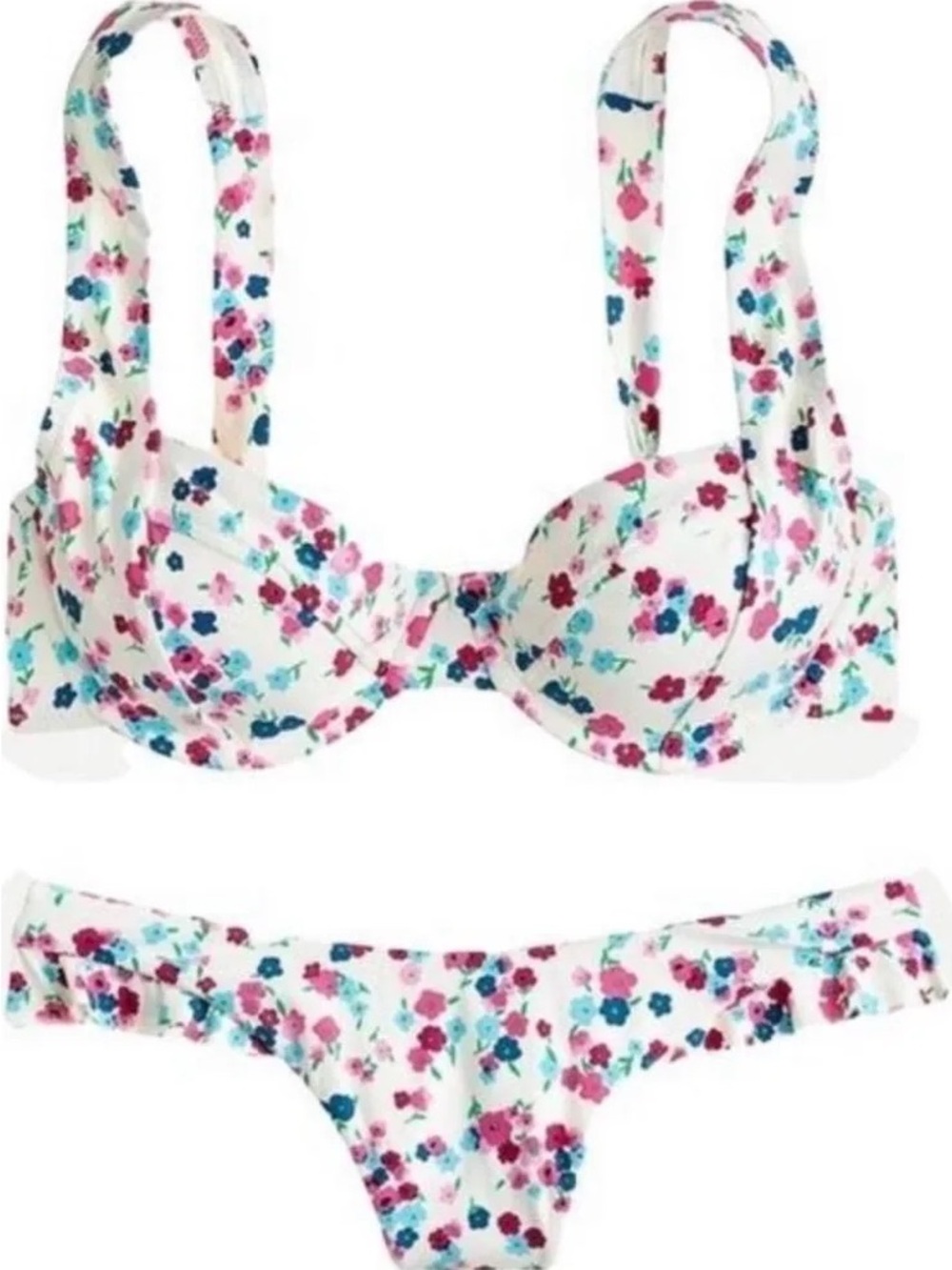 J Crew | Floral Two-Piece Bikini Set - White with Pink & Blue Flowers